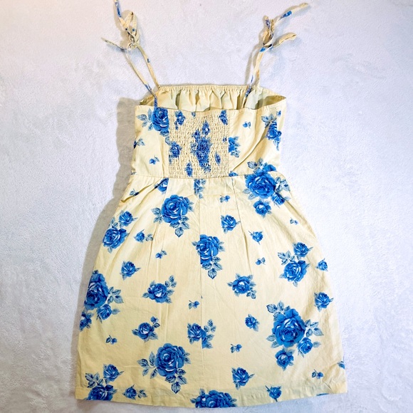 Floral Tie Strap Mini Dress Yellow Blue Roses - Picture 2 of 6